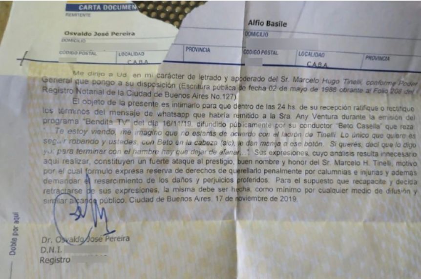 Por tildarlo de ladrón, Marcelo Tinelli le mandó una carta documento a Coco Basile