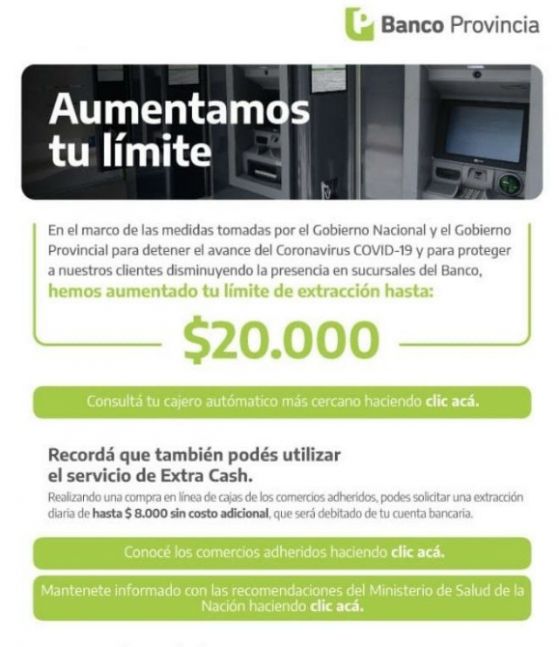 El Banco Provincia aumenta el monto de extracción diario en cajeros automáticos