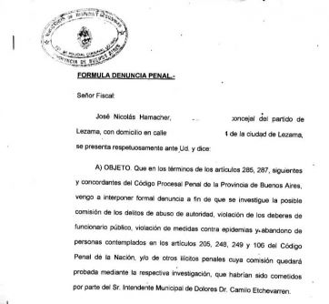 Denuncia penal contra Etchevarren por cerrarle la ciudad a un vecino con coronavirus