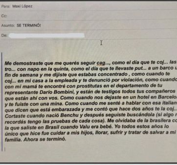 Se filtró un mail donde Wanda Nara detalla las infidelidades de López