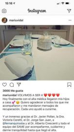 Con agradecimientos y una mesa para cuatro, Vidal celebró el alta médica