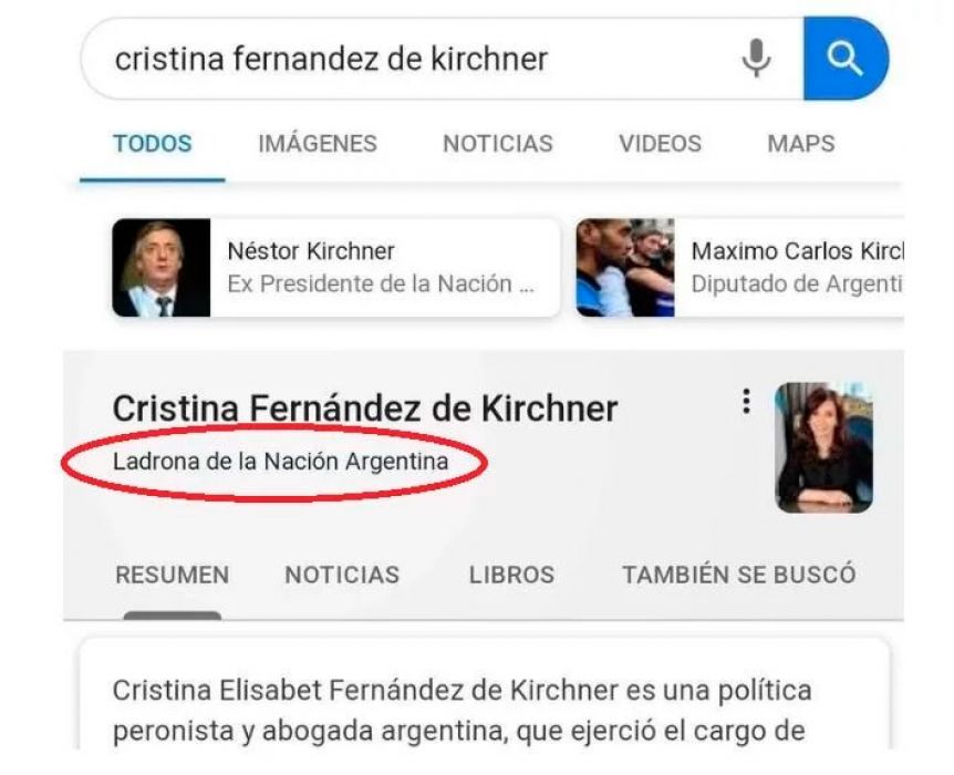 Cristina demandó a Google por difamación