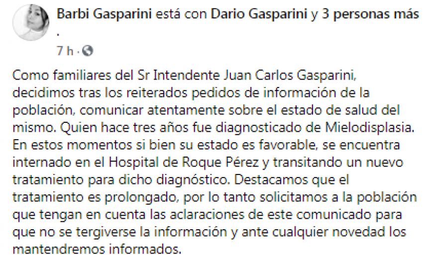 Preocupa la salud del intendente Gasparini: qué dice el comunicado de la familia
