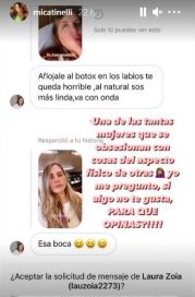 Mica Tinelli le respondió a una seguidora que la criticó por retocarse los labios