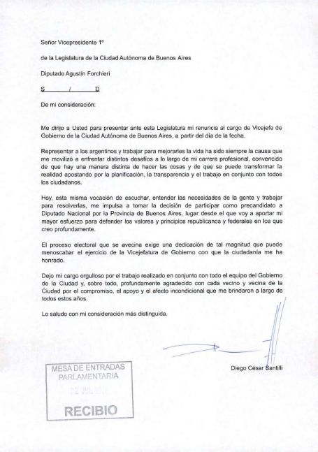 Santilli renunció a la Vicejefatura de Gobierno porteño para dedicarse a la campaña provincial
