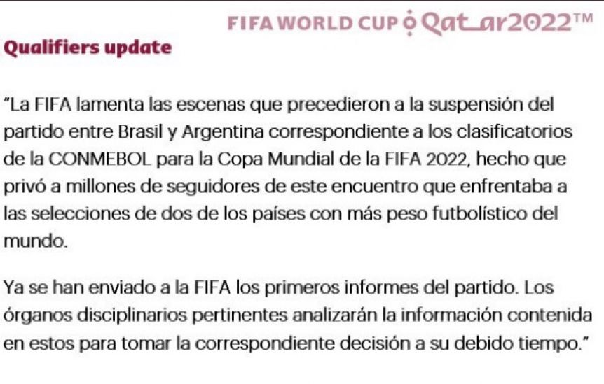 El primer mensaje de la FIFA tras el escándalo Brasil-Argentina