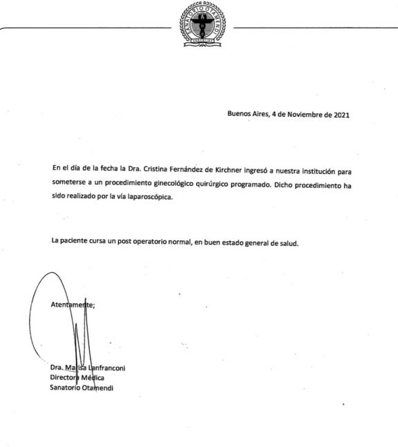 CFK fue operada en el Otamendi, qué dijo su último parte médico