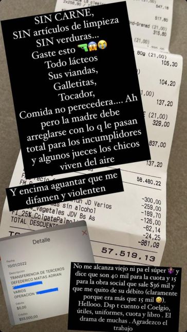 Cinthia Fernández mostró el gasto del supermercado y lo comparó con la cuota que le pasa Defederico