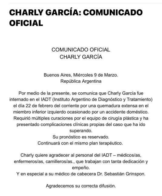 El comunicado oficial sobre la salud de Charly García: Su pronóstico es reservado