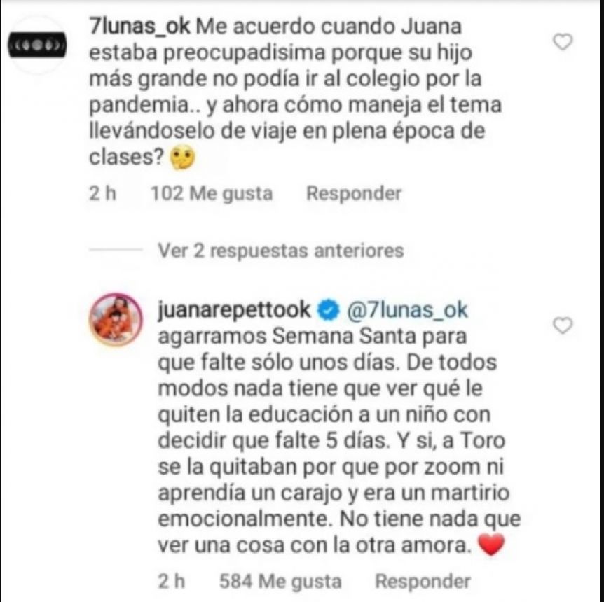 Juana Repetto ubicó a una seguidora que la criticó por irse a México en época escolar