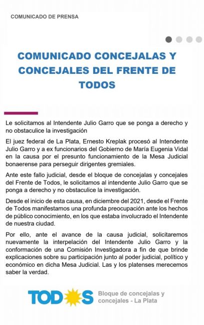 Tras el procesamiento de Garro, el FdT pide interpelación y comisión investigadora