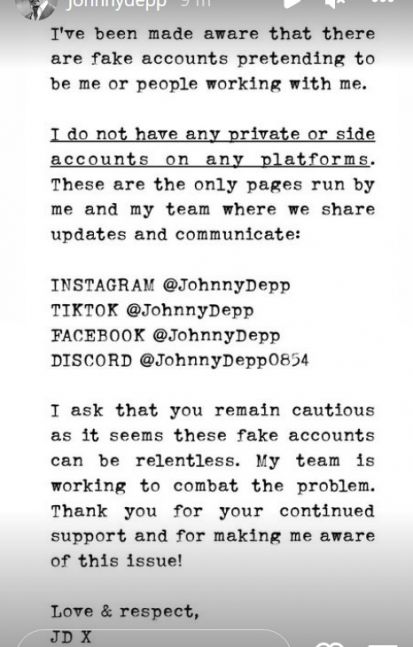 Johnny Depp alertó a sus seguidores sobre las cuentas falsas que utilizan su nombre
