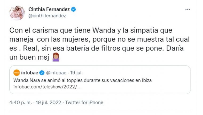 Cinthia Fernández opinó sobre los filtros que usa Wanda Nara y causó revuelo en la red