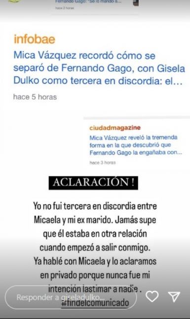 El descargo de Gisella Dulko luego de las polémicas declaraciones de Mica Vázquez