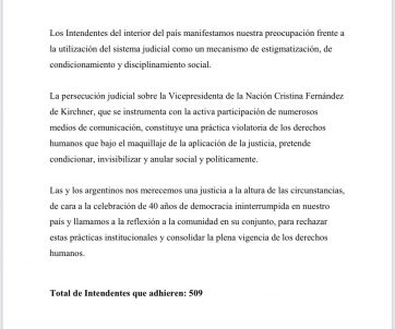 Causa Vialidad contra CFK: Más de 500 intendentes del interior firmaron un documento para respaldar a la Vicepresidenta