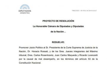 El pedido de juicio político a los jueces de la Corte ingresó formalmente a Diputados