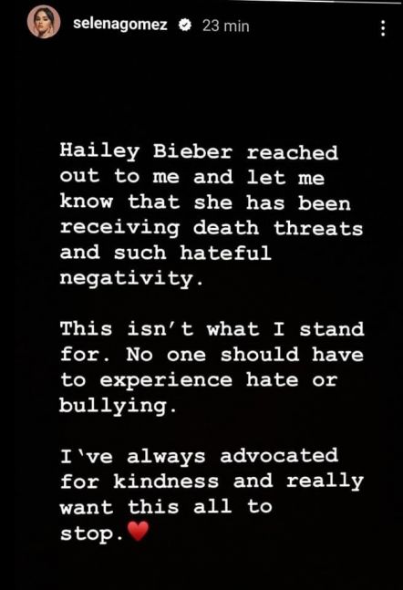 Selena Gómez defendió a Hailey Bieber tras recibir amenazas de muerte