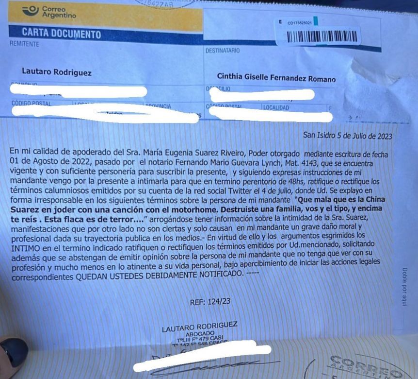 La inesperada carta documento que recibió Cinthia Fernández de parte de la China Suárez: qué pasó
