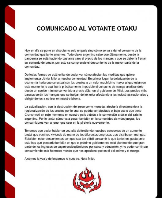 La comunidad Otaku se posicionó de cara al balotaje y sacó un comunicado contra Javier Milei