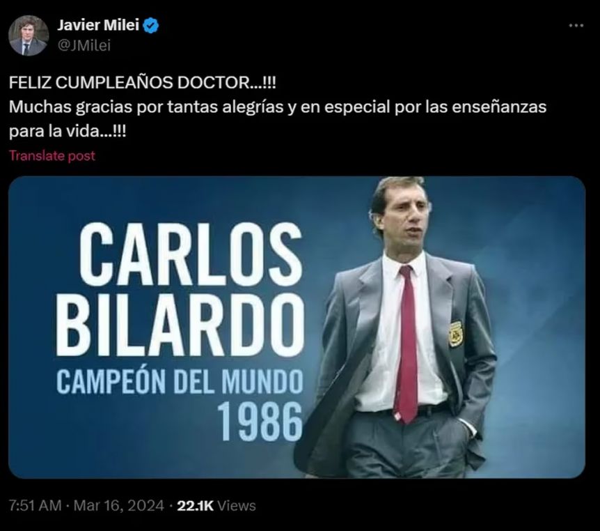 Carlos Bilardo cumple años, y Javier Milei le dedicó un efusivo saludo en redes