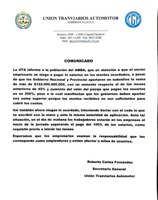 La UTA va a reducir las tareas en La Plata, Berisso y Ensenada, tras el fracaso en la reunión con empresarios