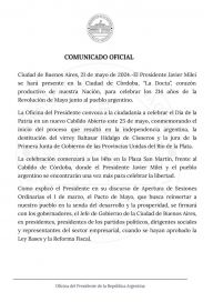 Sin Pacto de Mayo y sin gobernadores, Milei festejará el 25 de mayo en Córdoba