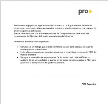 El PRO apoyará el veto a la ley de financiamiento universitario, pero le dio duro al gobierno