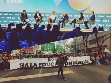 Manifestantes se abroquelan ante la inminente llegada de Milei al Coloquio de Idea