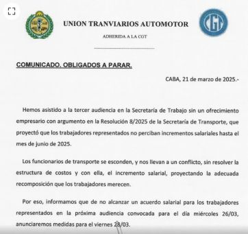 La UTA anunció que realizará un paro de colectivos en el AMBA el próximo viernes