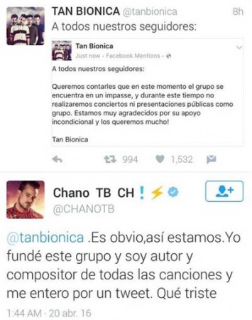 Chano se enteró por Twitter de la separación de Tan Biónica