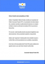 La Justicia rechazó al frente de Gómez Centurión en la Provincia